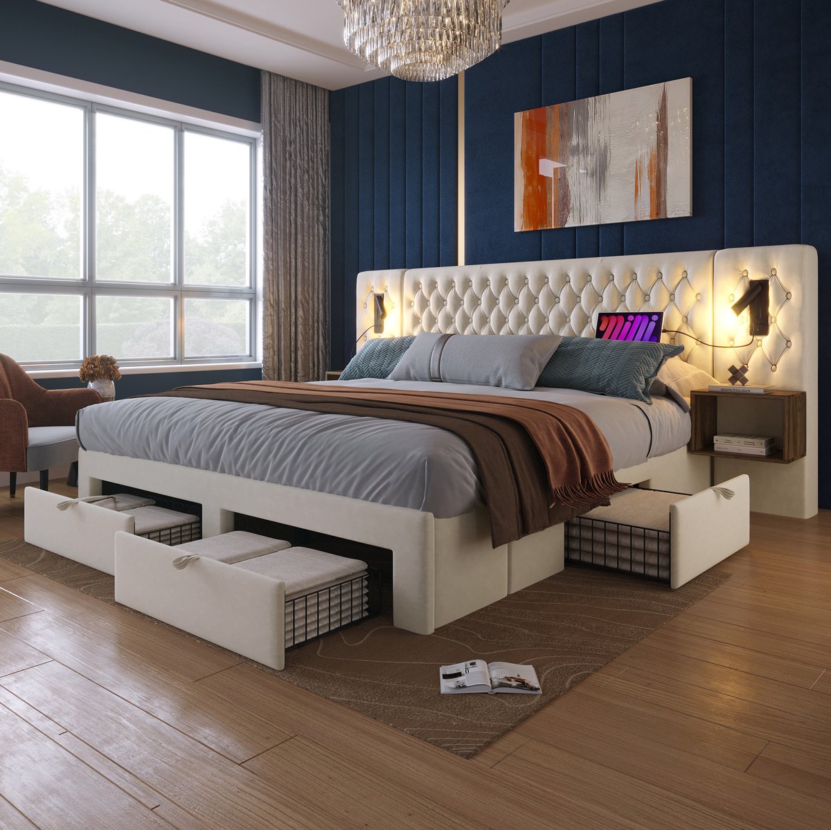 FloraGrace Gestoffeerd Bed 180x200 cm - Tweepersoonsbed met Leeslampen en USB Type C - 2 Nachtkastjes - 4 Lades - Beige - Zonder Matras