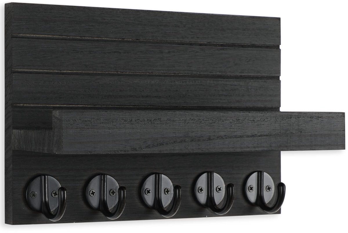 Wandgemonteerde Sleutelorganizer – Decoratieve Houder Voor Sleutels En Post Met Opbergplankje En Grote Haken Voor Tassen, Jassen En Paraplu's – Gemaakt Van Paulowniahout; Inclusief Bevestigingsmateriaal (25 Cm L X 10 Cm B X 16,4 Cm H) – Zwart