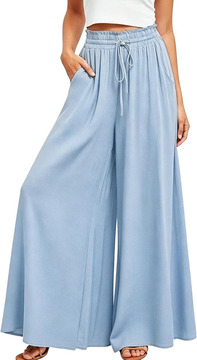 zomer, hoge taille, vloeiende palazzo-broek, brede pijpen, casual, licht, elegant, strand, casual broek met zakken en trekkoord