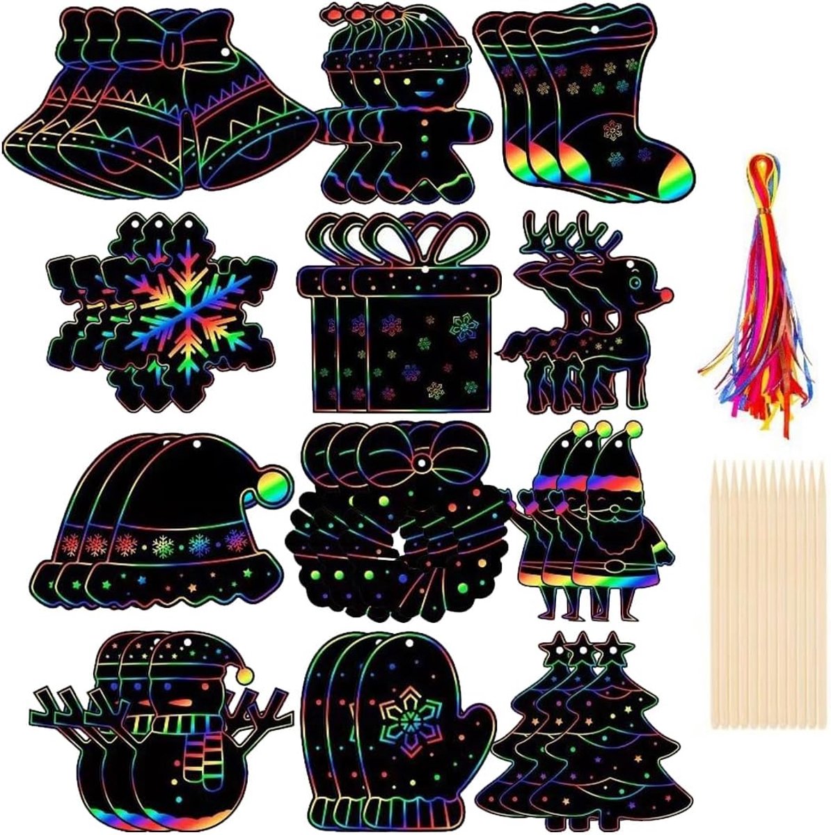 Kraspapier voor kinderen, 36 stuks, magische kunst met band, klokken en bamboestift, feestelijke decoraties voor geschenken en familie