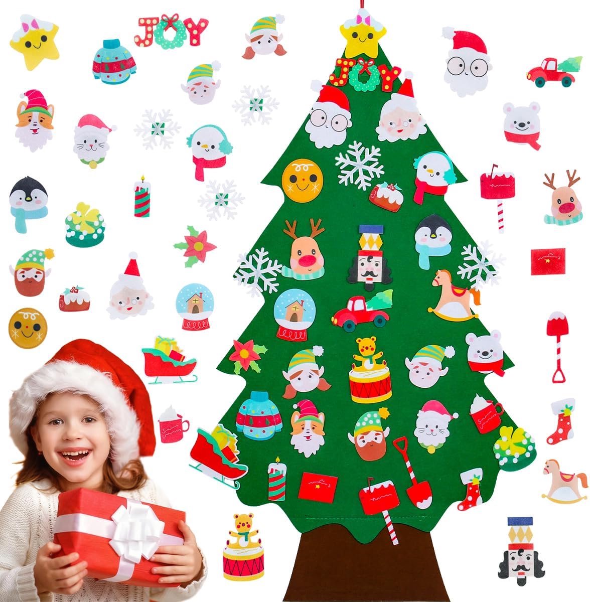 kerstboom voor kinderen, 3ft Fuzzy Vilt Wandmontage Opknoping Kerstboom Met 34 stks Afneembare Snoep Ornamenten, Peuters Xmas Geschenken Voor Muur/Deur Thuis Kerstversiering Indoor Xmas
