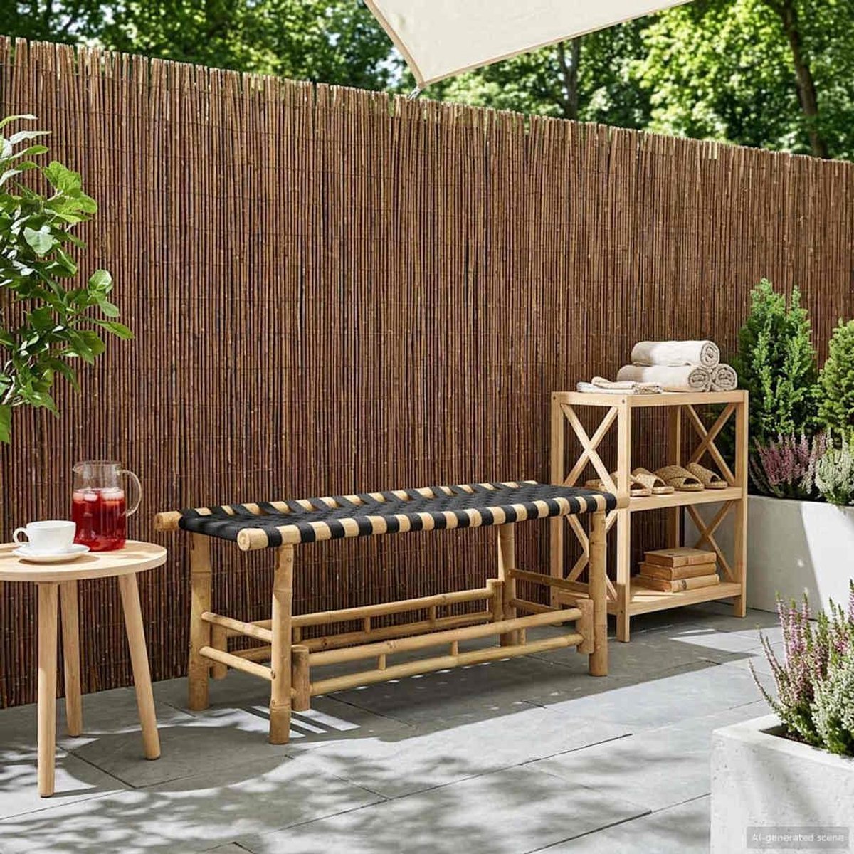 Tuinbank 110 cm rechthoek, zitbank van natuurlijk bamboe voor terras en woonkamer, modern design met stabiele palen poten, veelzijdig inzetbaar binnen en buiten