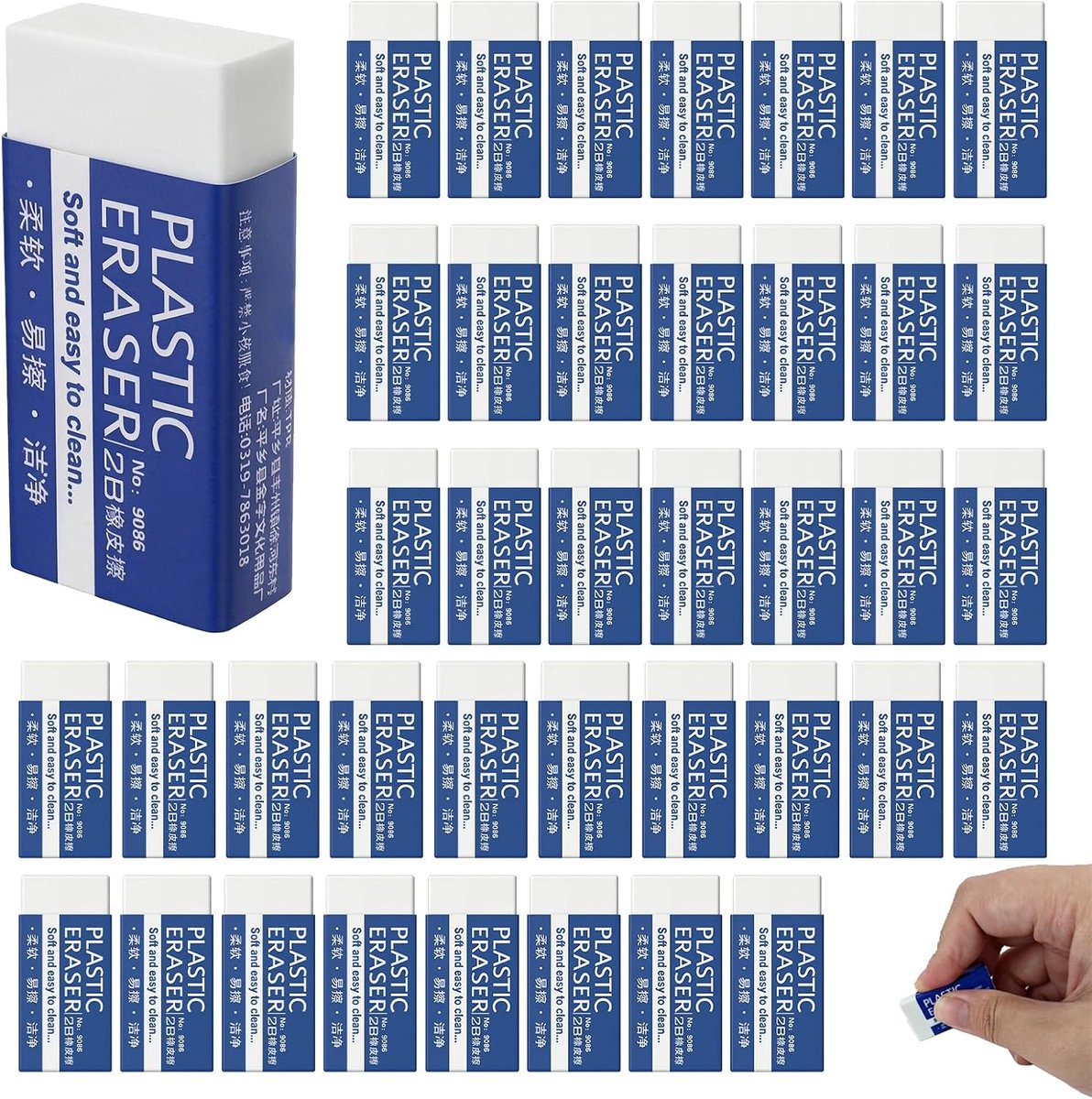 Set van 40 witte gummen 2B, uitwisbare gummen, voor school, kantoor, tekeningen, schetsen en correcties, compact formaat 18 x 38 mm, afzonderlijk verpakt, voor kinderen en volwassenen