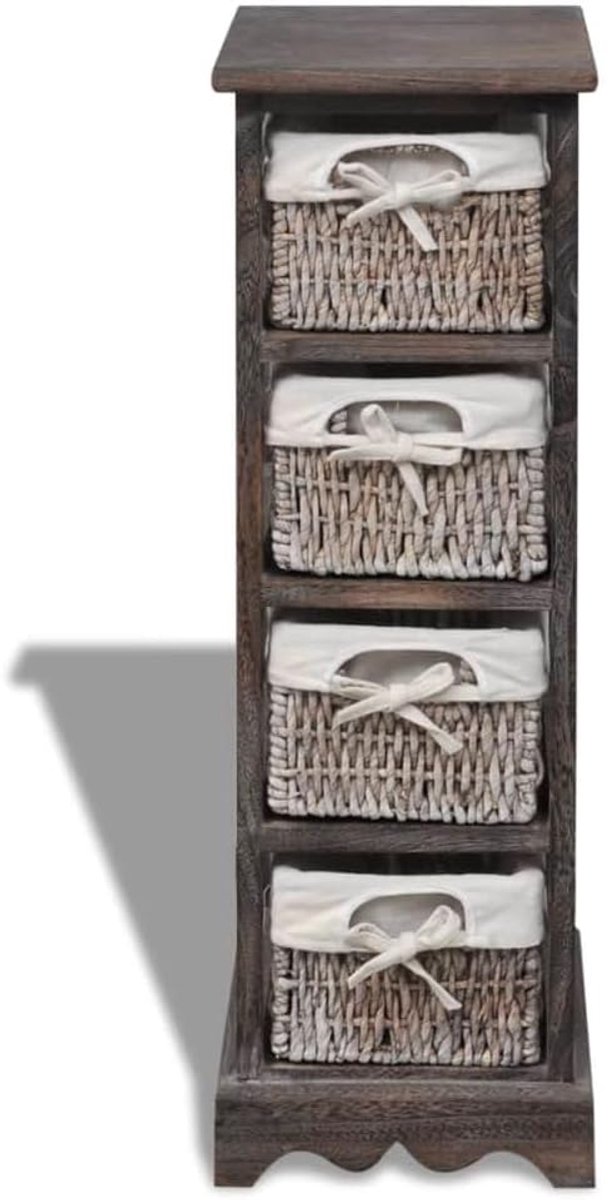 Bijzetkast met 4 manden, mand van hout in bruin, kleine kast met eenvoudig en elegant design, veel opbergruimte en landelijke stijl voor elke kamer