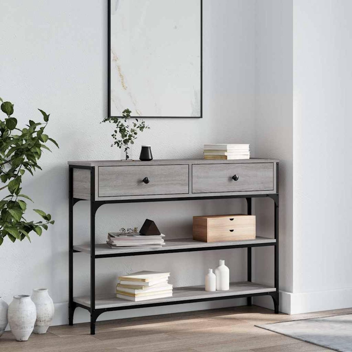 Consoletafel grijs Sonoma 100 x 25 x 75 cm, houten materiaal, salontafel met verstelbare poten en metalen frame, planktafel biedt opbergruimte voor 4 verstelbare poten en wandhouder