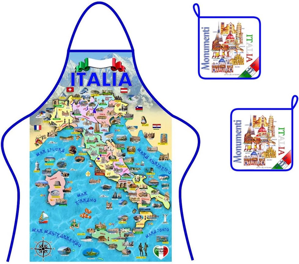 Set schort + 2 pannenlappen stof katoen monumenten d'Italy producten Italië, Blauw, M