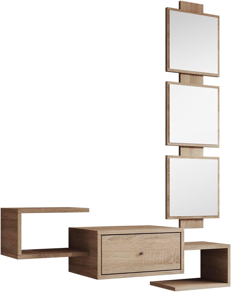 Muebles Bonitos | Halmeubel met Spiegel en Lade | Hangend entree meubel | Breedte 99,5 x Hoogte 145 x Diepte 22 cm | Design Modern | Matte sonoma melamine afwerking | Model Neo