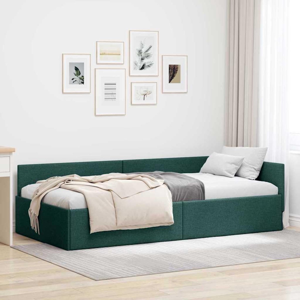 Hoekbedframe met hoofdeinde, donkergroen, 90 cm x 190 cm, fluweel, L-vorm, ruimteoptimalisatie, dagbed, functionaliteit, moderne stijl, slaapkamer, hoekbed, frame, flexibel meubelstuk