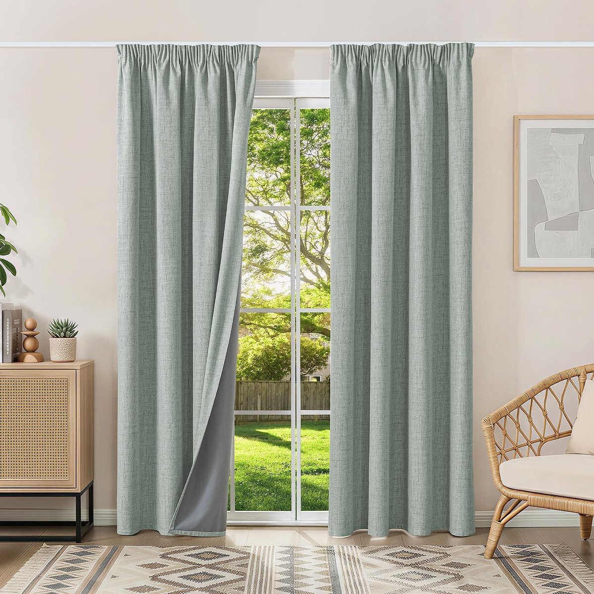 100% verduisteringsgordijnen, thermische gordijnen, koudebescherming, gordijnen met plooiband, 220 x 140 cm (h x b), set van 2, linnenlook, gordijnen, ondoorzichtig, saliegroen