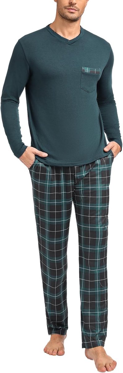 Winterpyjama van katoen, tweedelige pyjama, pyjama met lange mouwen en geruite broek, S-4XL