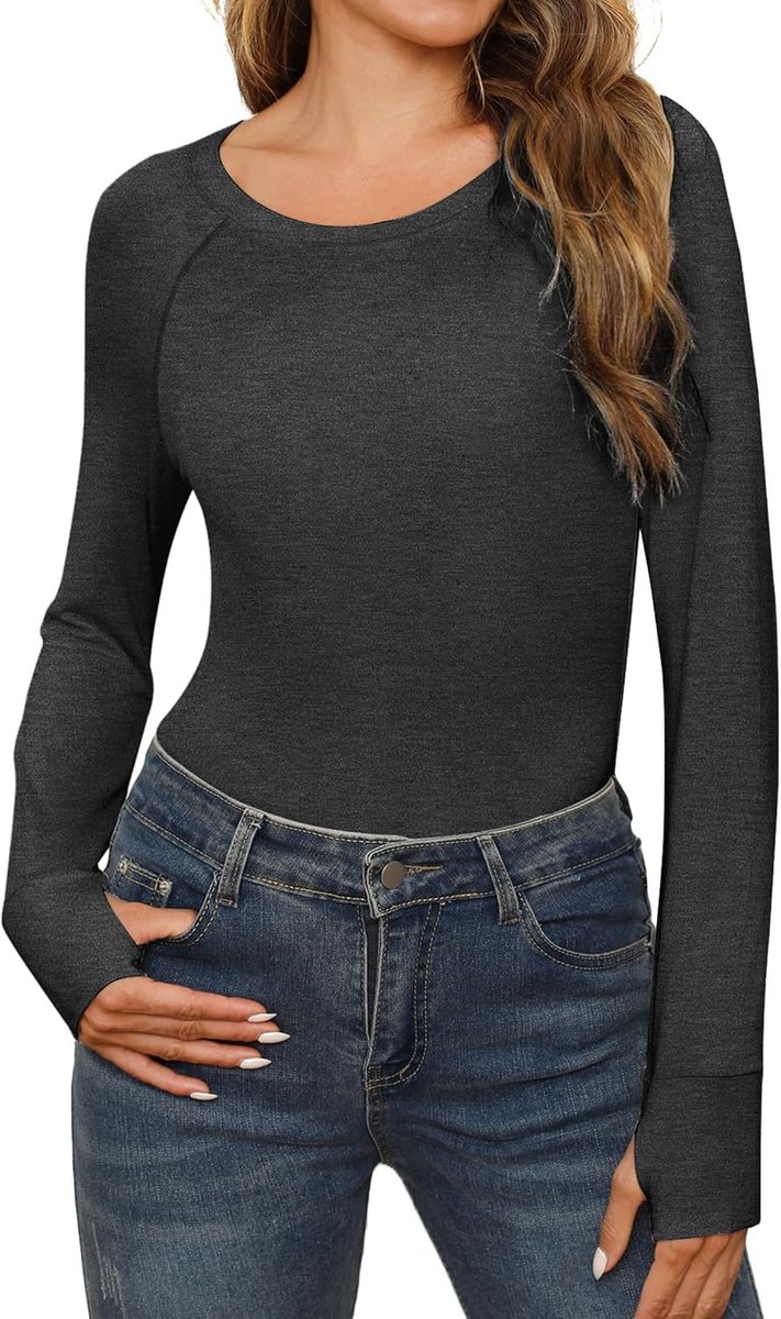 Thermisch T-shirt voor dames, lange mouwen, lichte bovenstukken met duimgat, thermisch T-shirt, elastisch en zacht, winterkleding