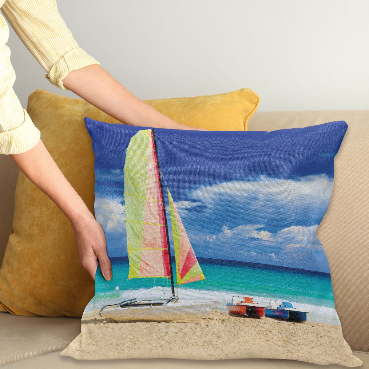 ABAKUHAUS Urlaub Kussenhoes, Oceaan Sailing Exotisch, Van Kleurechte Wasbare Stof, Dubbelzijdige Print met Stevige Ritssluiting, 50 x 50 cm, Crème Blauw