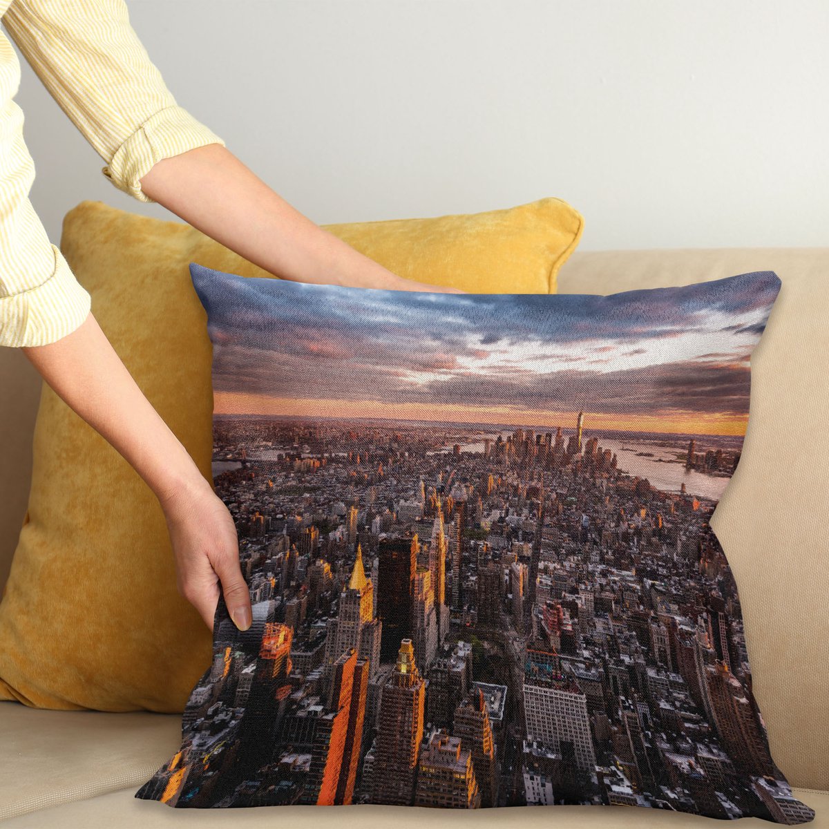ABAKUHAUS Vereinigte Staaten van Amerika Kussenhoes, Manhattan Skyline Zonsondergang, Decoratieve Kussenhoes met Dubbelzijdige Print, Ritssluiting, Wasbaar, 40 x 40 cm, Blauw Oranje Wit