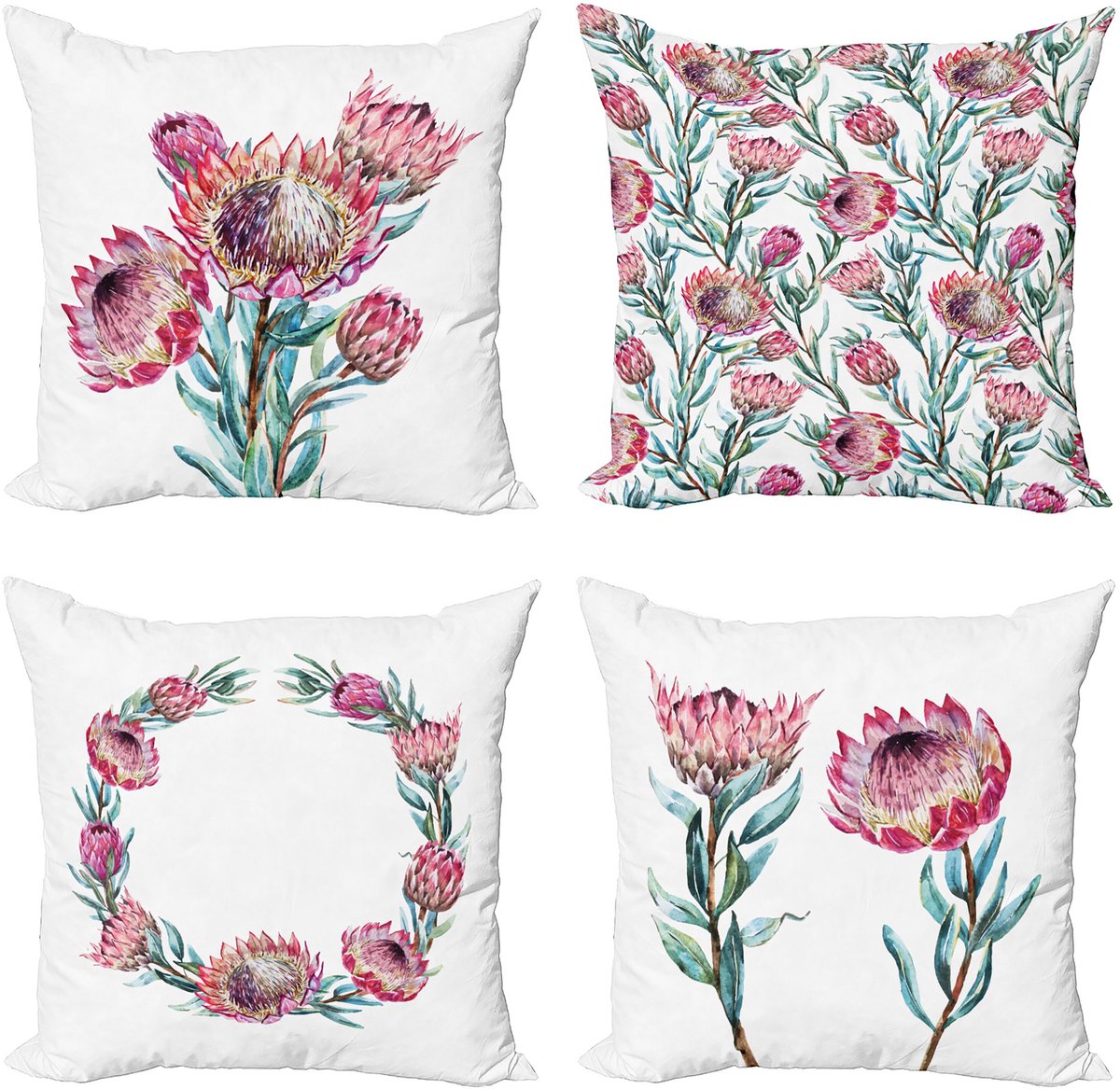 ABAKUHAUS Bloemen Sierkussen Kussenhoes 4 er Set, Aquarel Exotischer Tuin, Modern Accent Dubbelzijdige Digitale Print, 60 x 60 cm, Roze Zeegroen en Wit