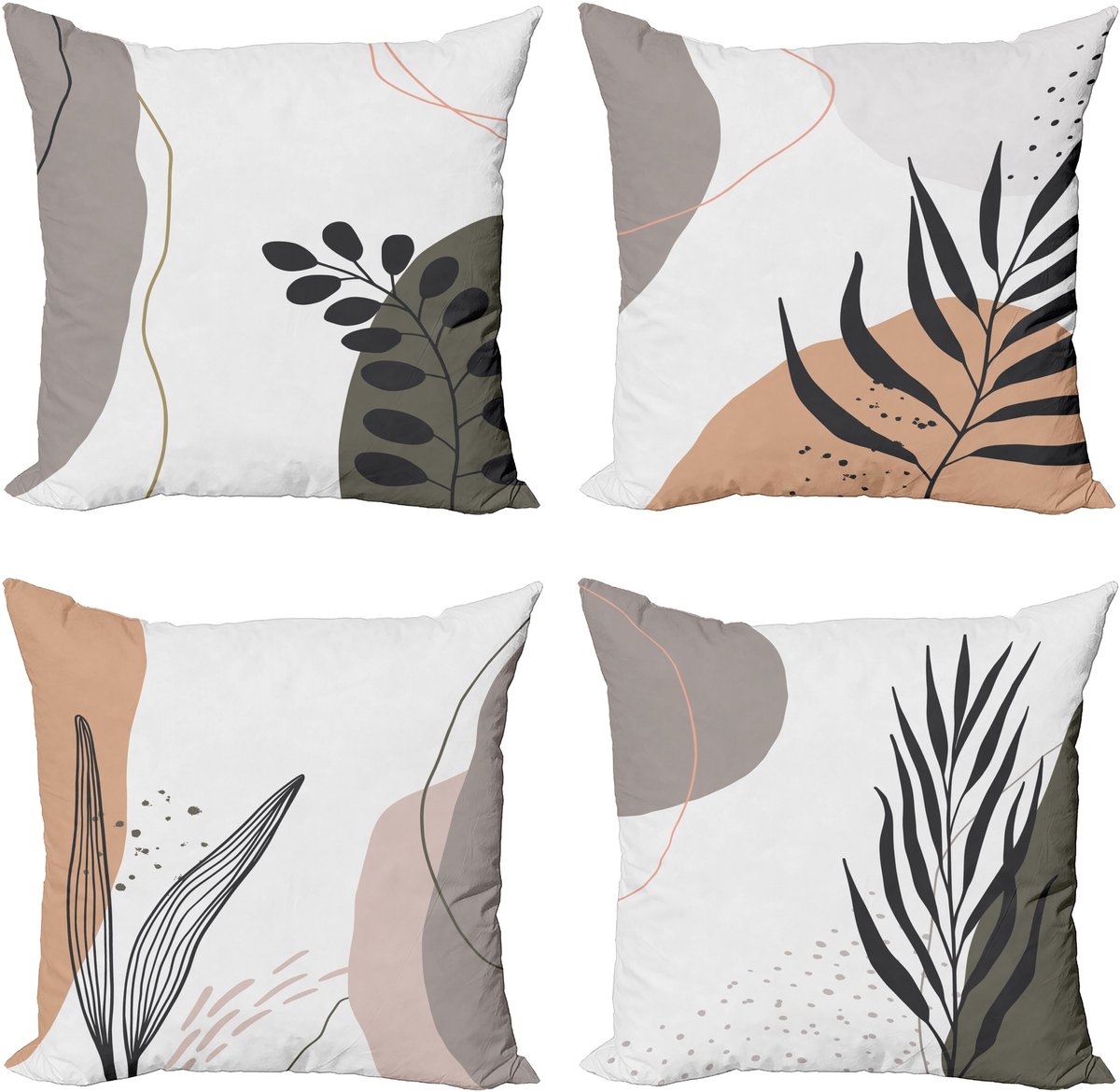 ABAKUHAUS Blattdruck Sierkussen Kussenhoes 4er Set, Modern Formen Zweige Modern Accent Dubbelzijdige Digitale Print, 50 cm x 50 cm, Taupe Grijs en Immergrün