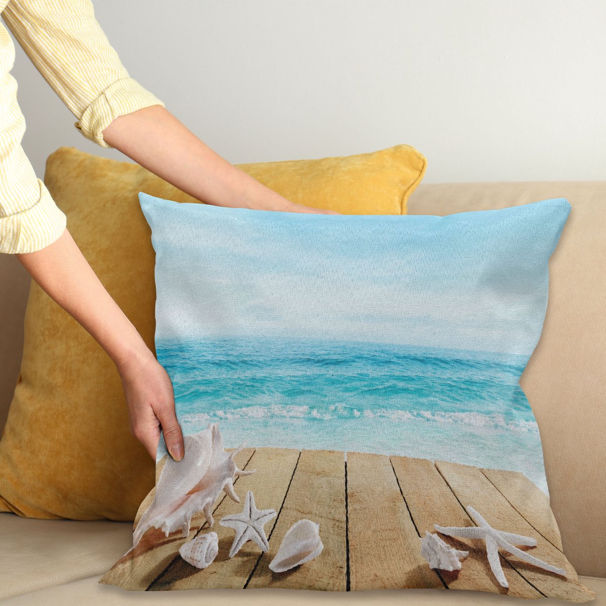 ABAKUHAUS Strand Kussenhoes, Sonnenschein Malediven Deck, Water- en Vuilafstotend, Wasbaar, Dubbelzijdige Print met Ritssluiting, 40 x 40 cm, Licht Bruin Beige