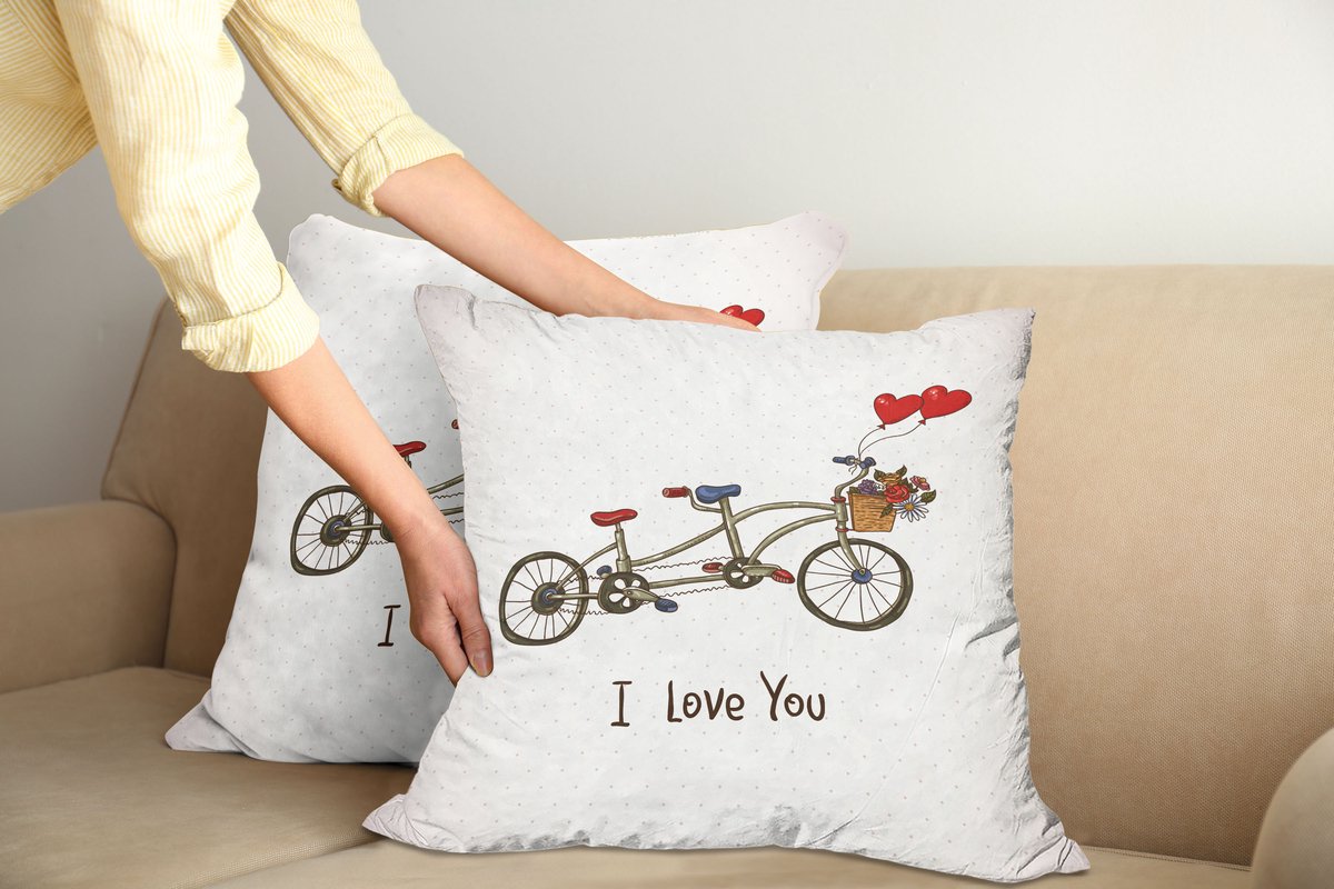 ABAKUHAUS Bike-Feest Kussenhoes 2er-Set, Romantische Tandem-Fiets, Kussenhoes met Ritssluiting en Dubbelzijdige Print, 60 x 60 cm, Ivoor Meerkleurig
