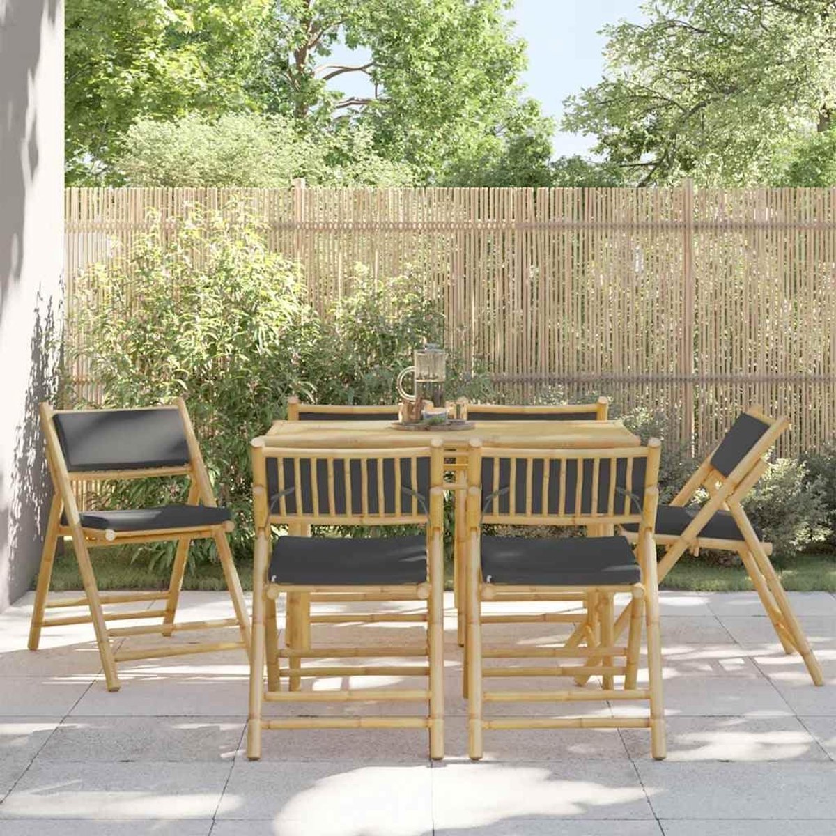 6 stuks bamboe met donkergrijze kussens, opvouwbare bistrostoel set met uitneembare en wasbare overtrekken, comfortabele stoelen dik