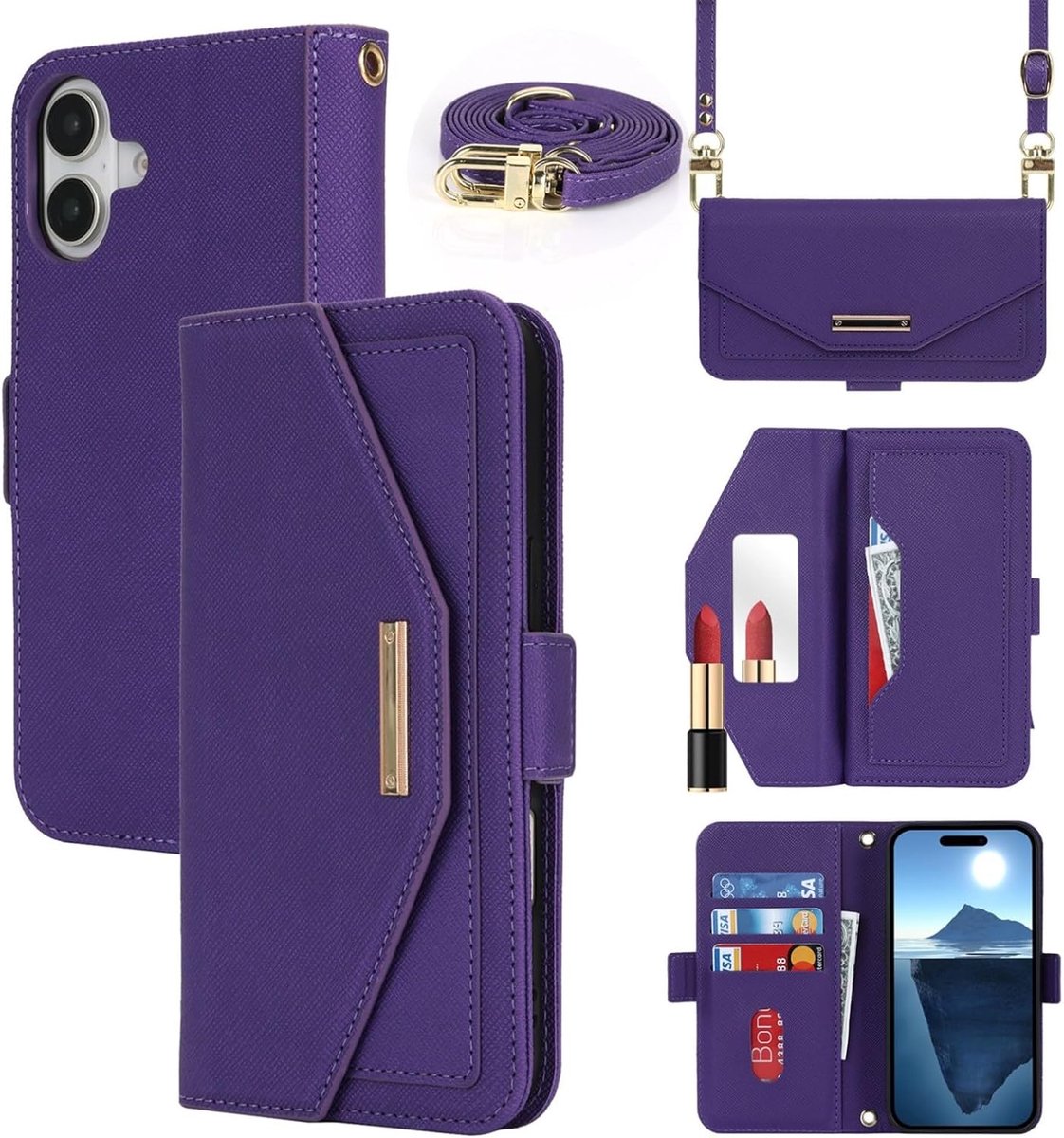 Beschermhoes compatibel met iPhone 17, beschermhoes met koord, flip portefeuille, leer, [5 kaarthouders] [spiegel] [magnetisch] [verstelbare ketting] beschermhoes compatibel met iPhone 17, paars
