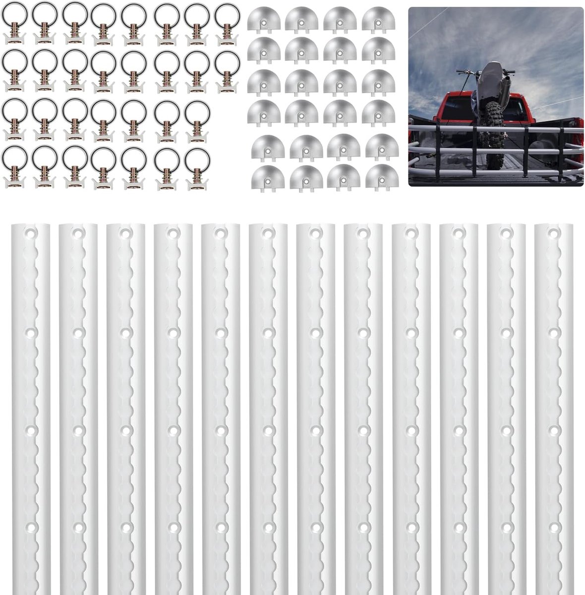 Airline-rail, 12 x 1 m, aluminium, sjorrails, ronde halfronde vorm, airlinerailset met 30 airlinerails, fitting-ringen, 24 airlinerails, eindkappen, voor vrachtwagens en campers