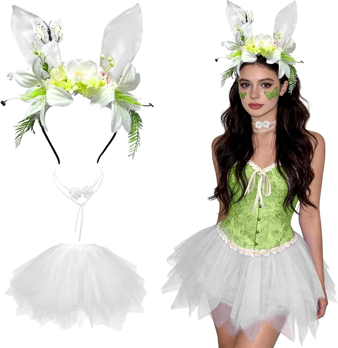 Hazenkostuum voor volwassenen, carnavalskostuums voor dames, haarband met kunstbloemenhaas, bloemenketting, tule rok, carnavalskostuum, fee, perfect voor Pasen, verjaardag, gemaskerd bal