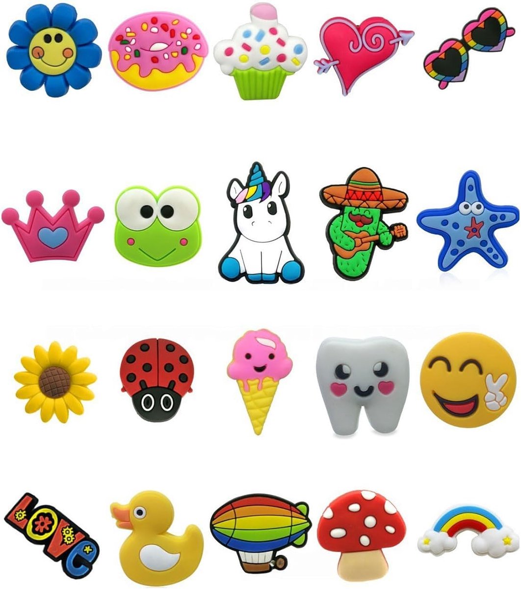 20 stuks accessoires voor crocs, schoenhangers, broche voor sanitaire klompen, schoendecoraties, kruisaccessoires, pinnen hangers voor kinderen, verjaardagscadeaus voor dames en heren (A)