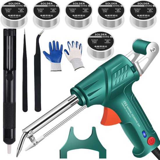 Een groen en oranje soldeerpistool met een set gereedschap, waaronder pennen, pincetten en soldeerdraad.
