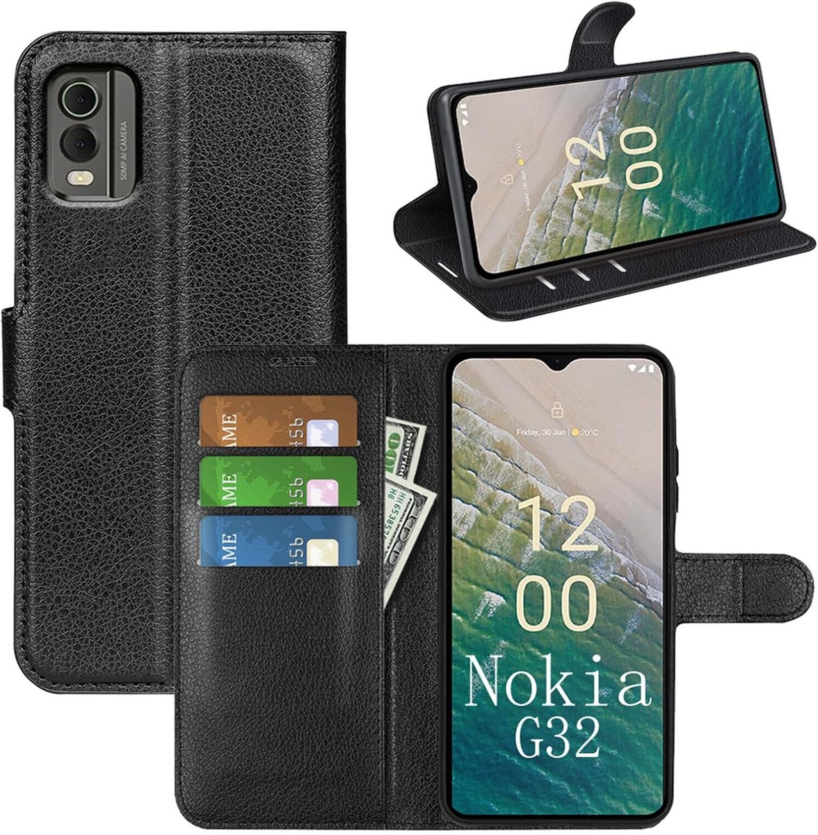Betterfon Hoes voor Nokia C32, telefoonhoes, klaphoes, beschermhoes, PU-leer met [standaardfunctie] en kaartsleuven, voor Nokia C32, in zwart