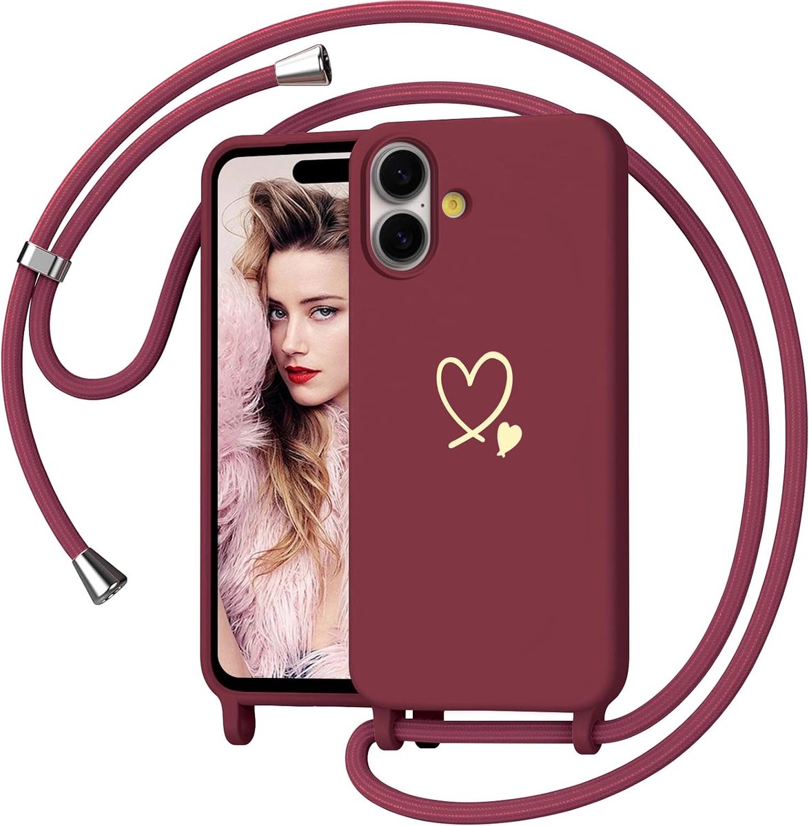 Telefoonhoesje met koord voor iPhone 17, hartdesign, halsketting, telefoonhoes om te hangen, stootvaste beschermhoes met ketting, zachte TPU vloeibare siliconen hoes, rood