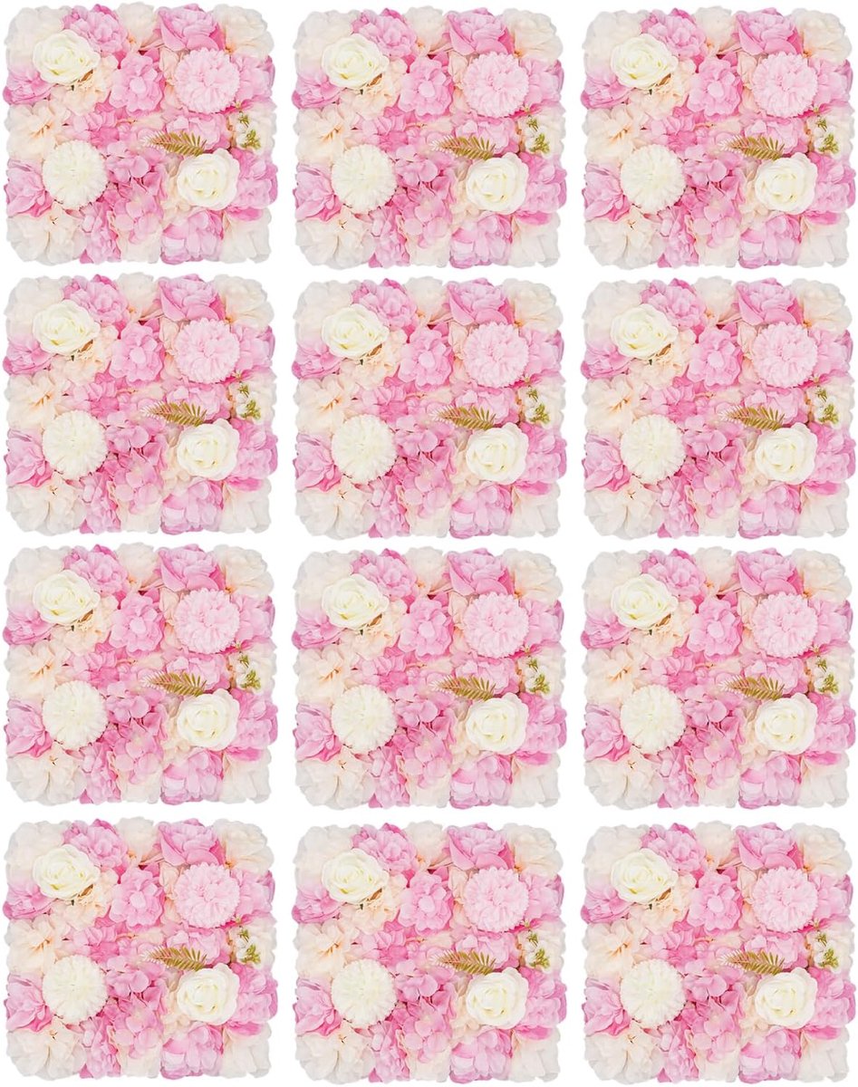 Kunstbloemenwand, 38 x 38 cm, roze dahlia, roze hortensia en witte roos, bloemenwandpaneel voor bruiloft, feest, tafel, tuin, boog, muurdecoratie