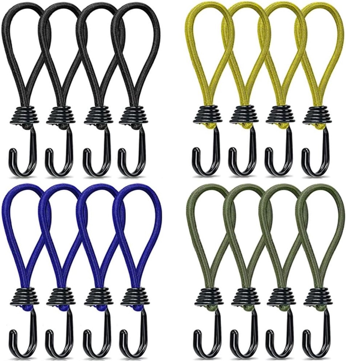 Set van 16 Elastische Tentspanners met Haken, Geschikt voor Tenten, Zeilen en Luifels, 15 cm Lange Expander Haken