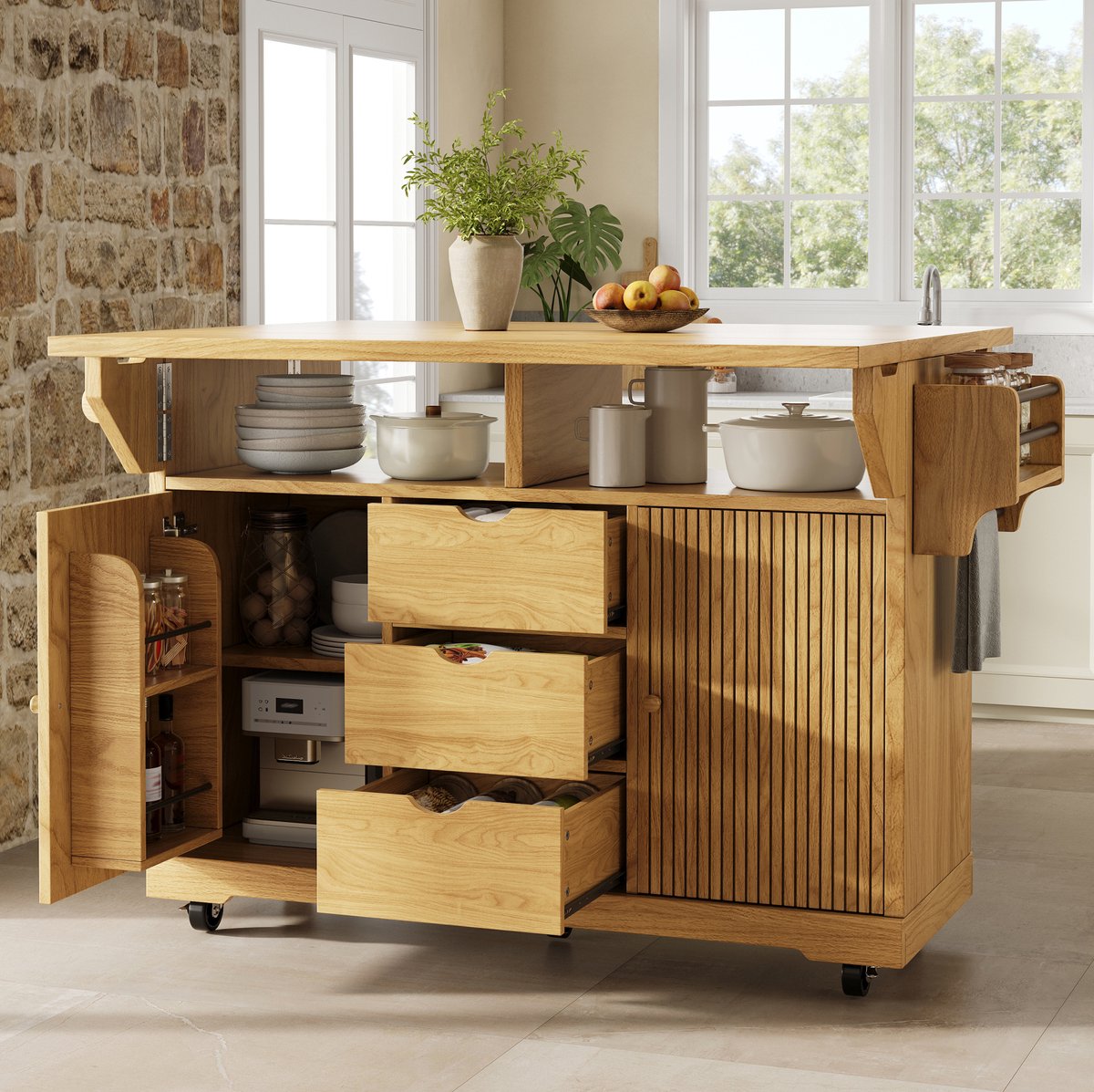 MODENUIT Keukeneiland 142,5 x 80 x 95 cm - Uitklapbare Bladen, 3 Laden en Remwielen - Keuken - MDF - Bruin