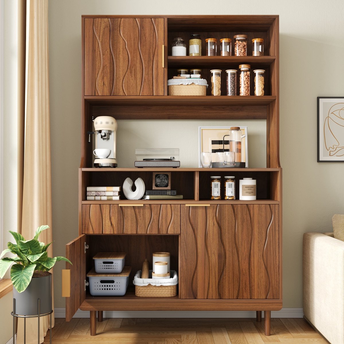MODENUIT Buffetkast 100 x 32 x 170 cm - Open Vakken, Deuren En Lade - Keuken En Woonkamer - MDF Walnoot