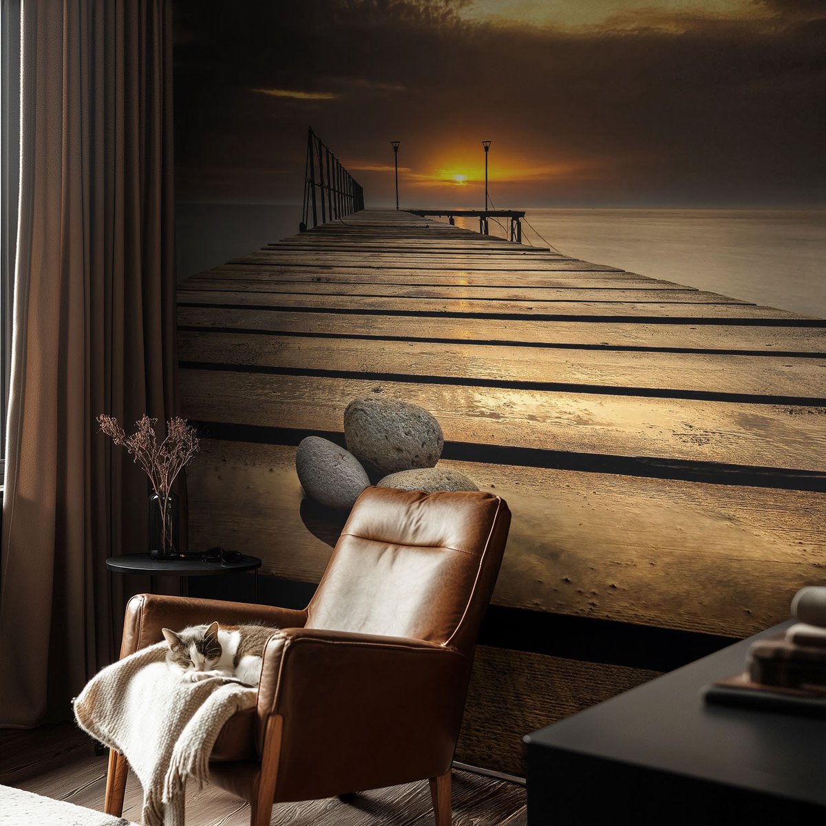 Coloray Vliesbehang - Bruin Snellijm Behang - 104x70 cm - Zonsondergang Muurschildering - Gang behang Landschappen - Fotobehang Vlies - Slaapkamer behang