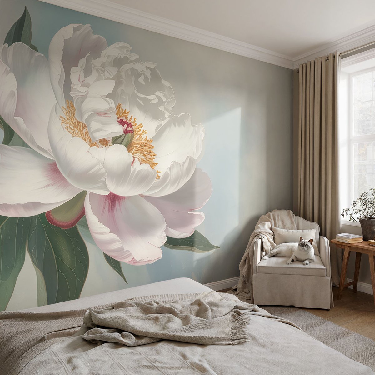 Coloray Vliesbehang - Wit Snellijm Behang - 104x70 cm - Prachtige Pioenroos Fotobehang Vlies - Hal behang Bloemen En Planten - Muurschildering - Woonkamer behang