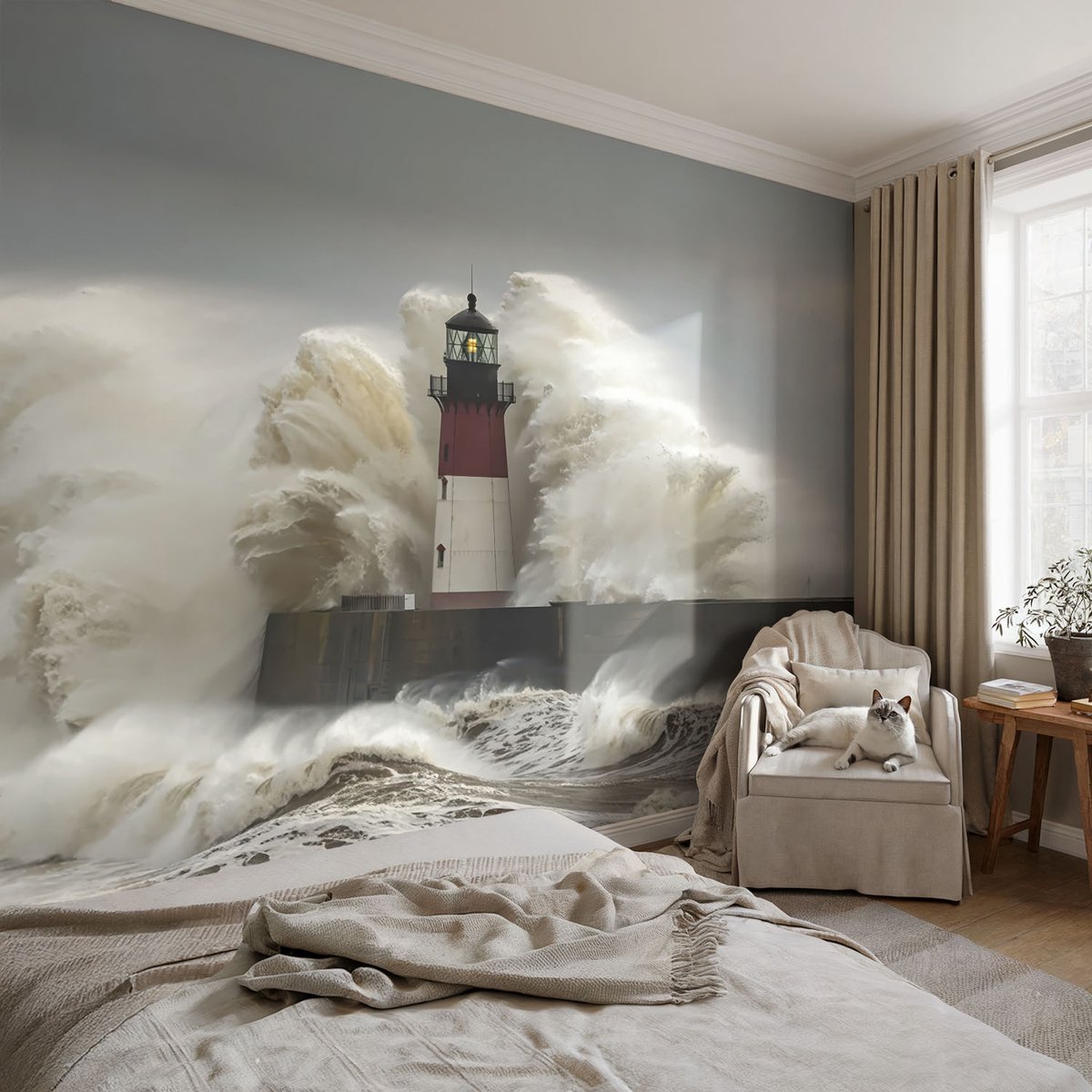 Coloray Vliesbehang - Grijs Snellijm Behang - 104x70 cm - Zeegolven Fotobehang Vlies - Hal behang Landschappen - Muurschildering - Woonkamer behang
