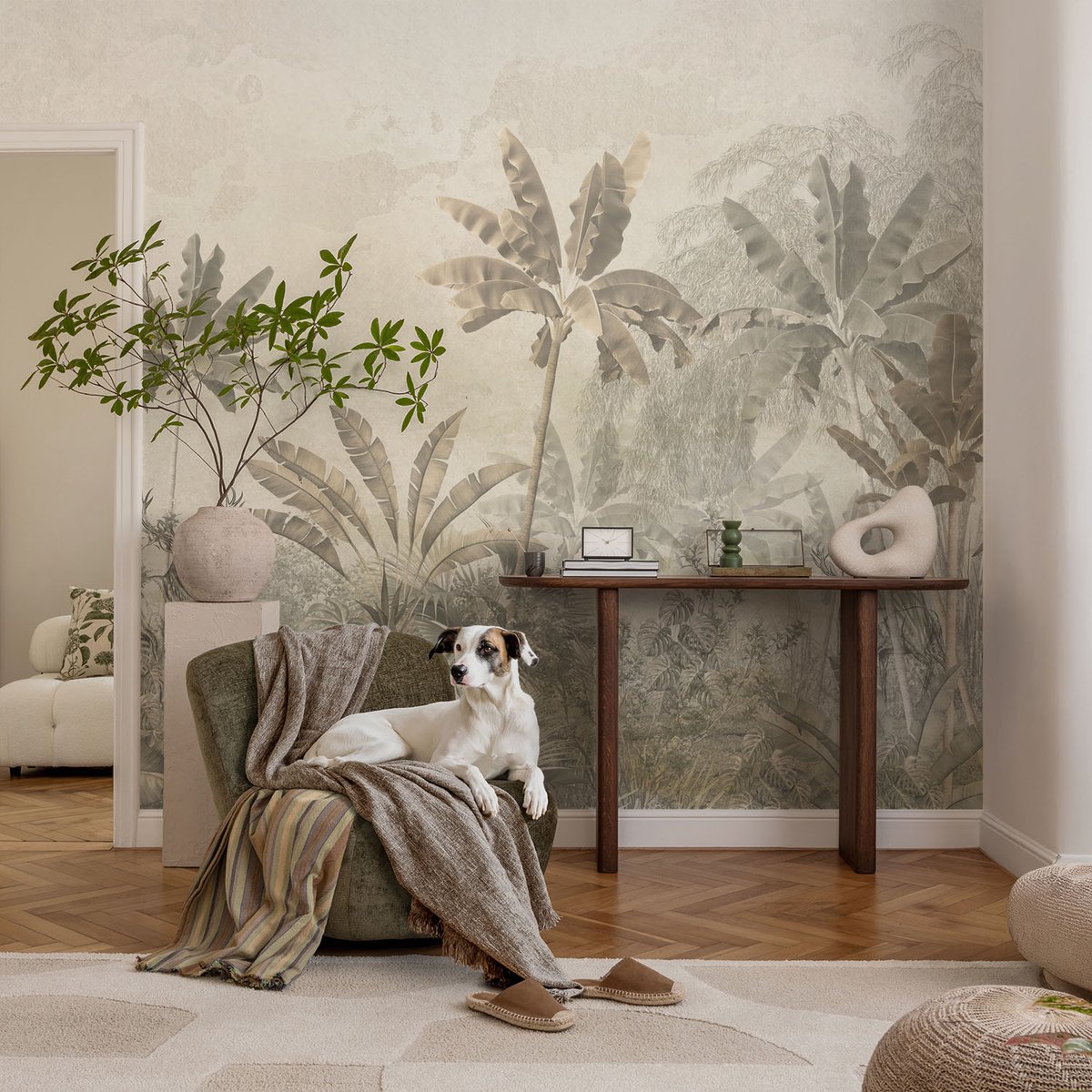 Coloray Vliesbehang - Grijs Snellijm Behang - 104x70 cm - Tropische Jungle Muurschildering - Slaapkamer behang Bloemen En Planten - Fotobehang Vlies - Slaapkamer behang