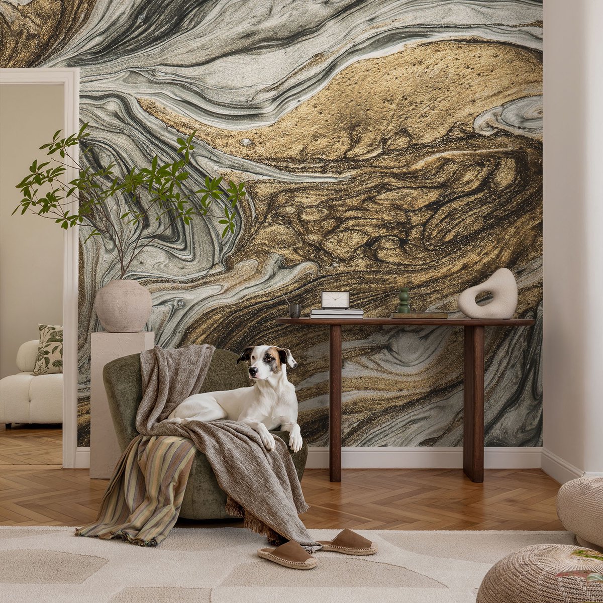 Coloray Vliesbehang - Grijs Snellijm Behang - 104x70 cm - Abstracte Wervelingen Muurschildering - Slaapkamer behang Abstractie - Fotobehang Vlies - Slaapkamer behang