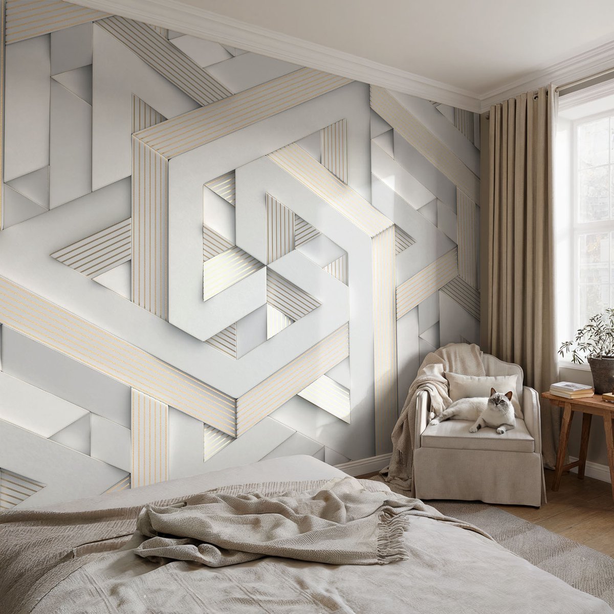 Coloray Vliesbehang - Wit Snellijm Behang - 104x70 cm - Illusoire Vormen Fotobehang Vlies - Hal behang Geometrie - Muurschildering - Woonkamer behang