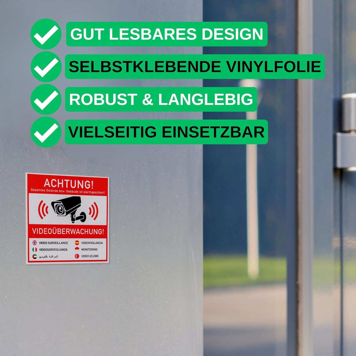 "LET OP! VIDEOBEWAKING!", 6 stuks, 10 x 10 cm, zelfklevende folie, waarschuwingsstickers voor binnen en buiten, videobewaking, plaksticker, camera-informatiebord in 7 talen