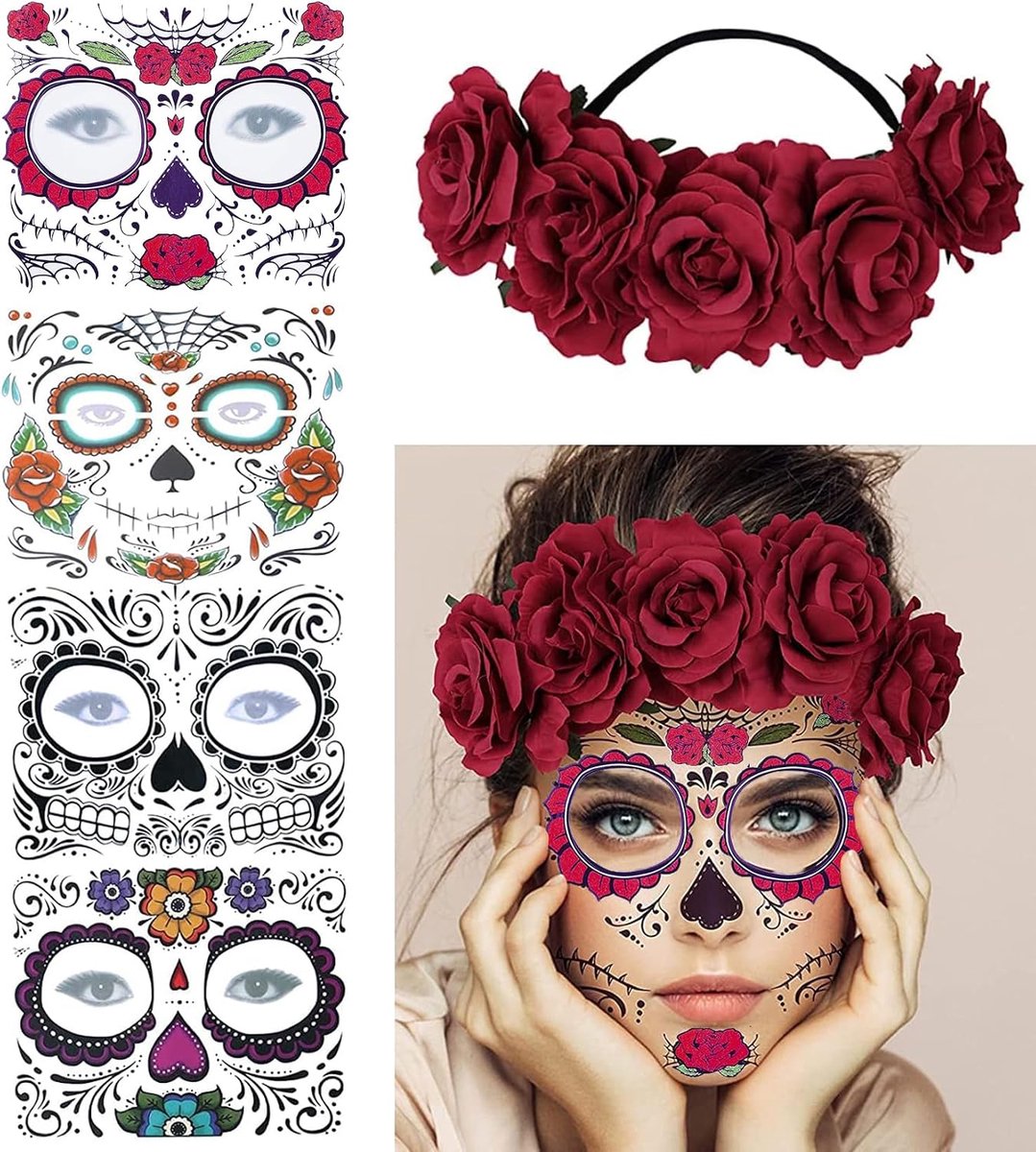 Gezichtstattoo, Halloween Dag van de Doden Hoofdband, Halloween Tijdelijke Gezichtstattoos, Dag van de Doden Schedeltatoeages, Kinderen Volwassenen Make-up Gezichtstattoo voor Halloween（B）