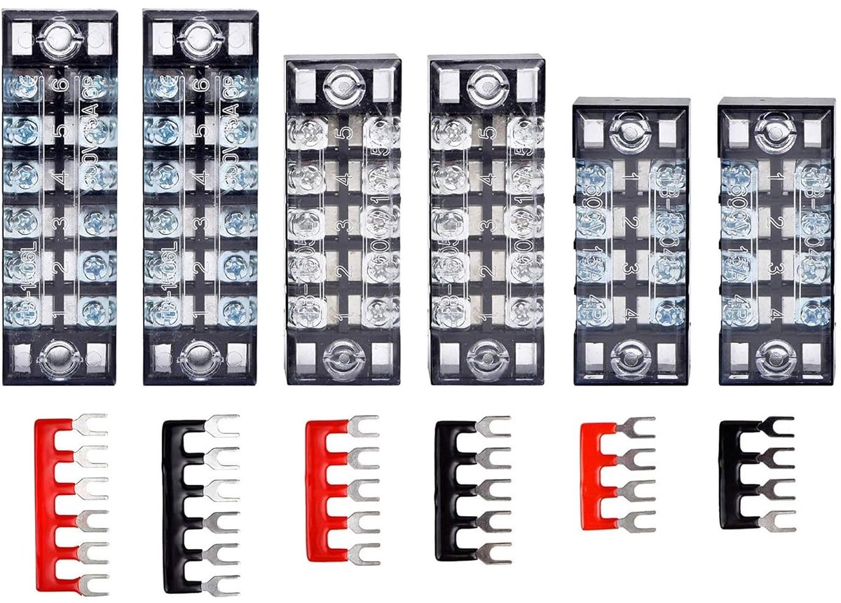 Set van 6 Klemstrips met Schroefklem, Dubbele Rij, Voor 4/5/6 Posities, Inclusief 6 Voorgeïsoleerde Eindstrips in Rood en Zwart