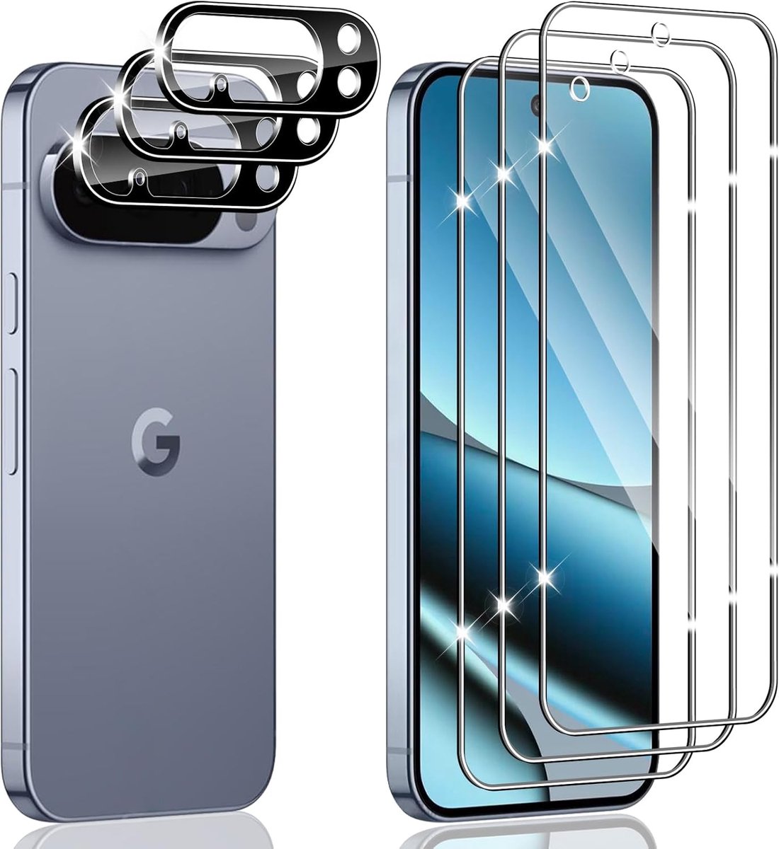 Screen protector voor Google Pixel 10 Pro, 3 stuks krasbestendige displaybeschermfolie met 3 stuks camerafolie, HD helder, zonder luchtbellen, Ultra Boven 9H+ Gehard glas