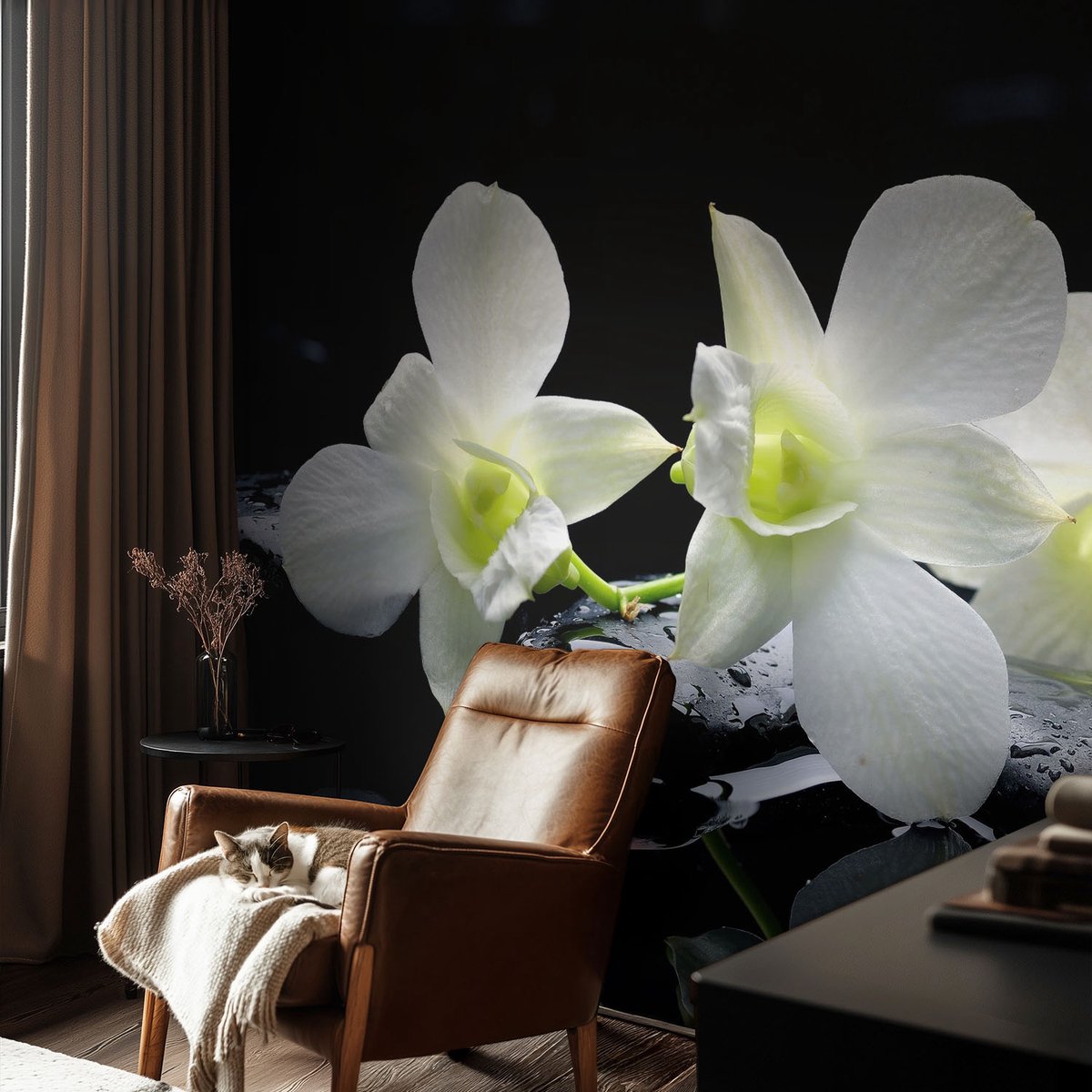 Coloray Vliesbehang - Wit Snellijm Behang - 152x104 cm - Bloemen En Stenen Muurschildering - Slaapkamer behang Bloemen En Planten - Fotobehang Vlies - Gang behang