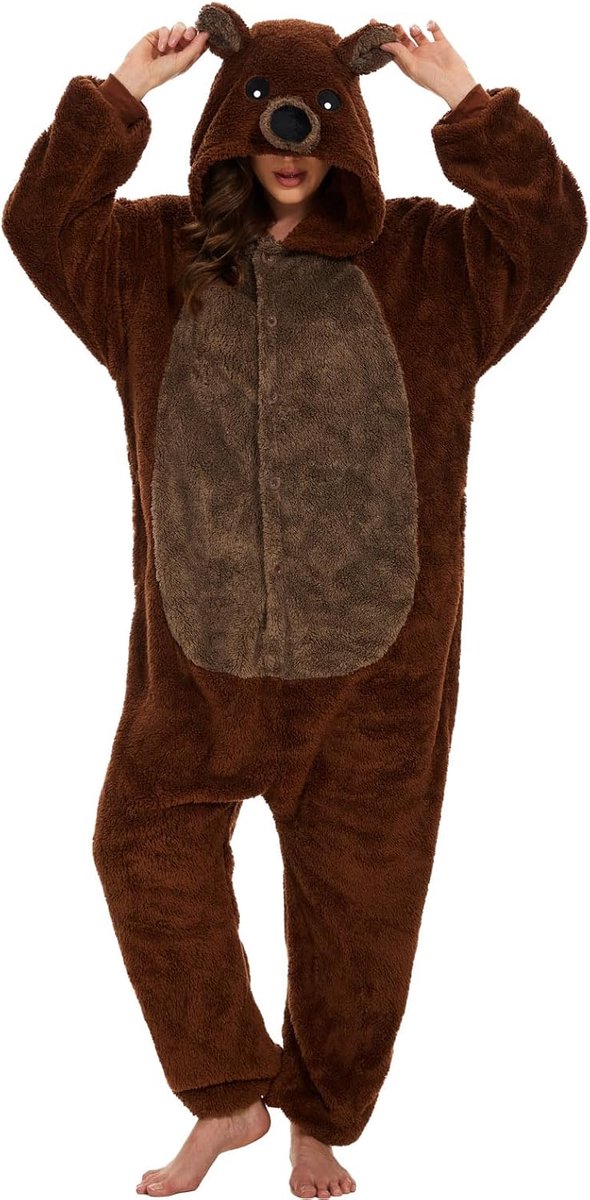 pyjama voor dames, lang, winter, eendelig, dierenkostuum, jumpsuit dames, behaaglijke pyjama, fleece, onesie, kleding met capuchon