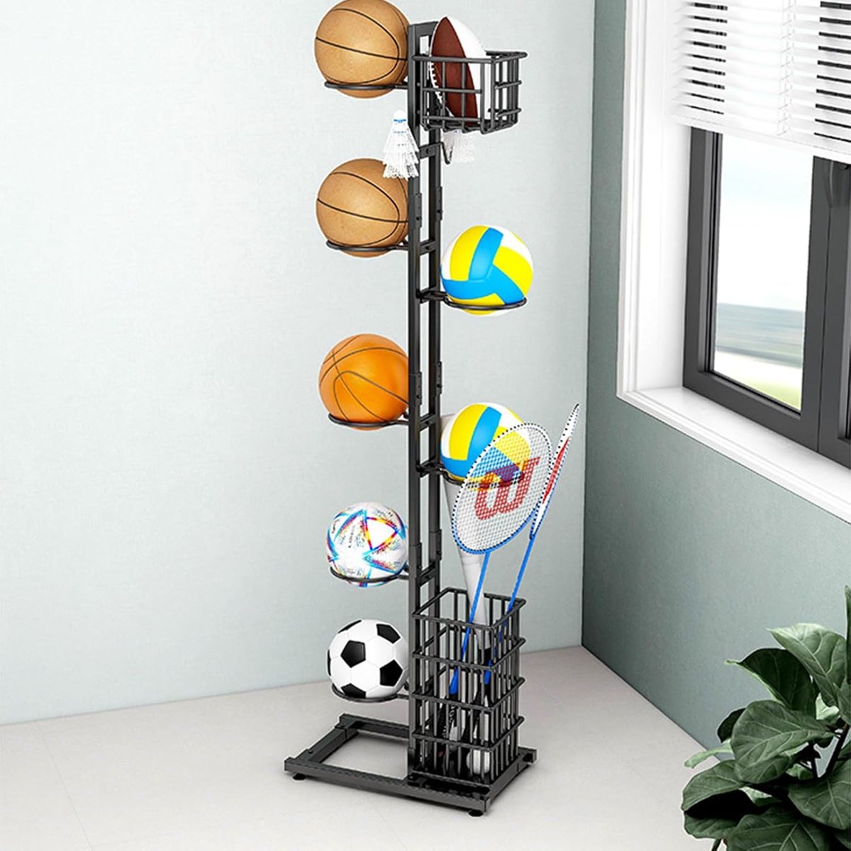 Balstandaard, 7 niveaus, basketbalrek met mand en haken voor garage, thuis, voetbal, volleybal, vrijstaand basketbalrek voor garage, woonkamer, winkel, tentoonstellingsrek
