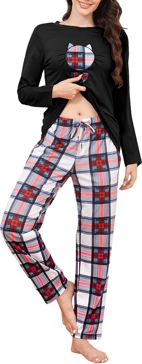 Pyjama Dames Lange Pyjama Katoenen Winter Pyjama Set Ronde Hals Top en Pyjamabroek Lange Mouwen Loungewear Nachtkleding Huispak Gezellig Vrijetijdspak