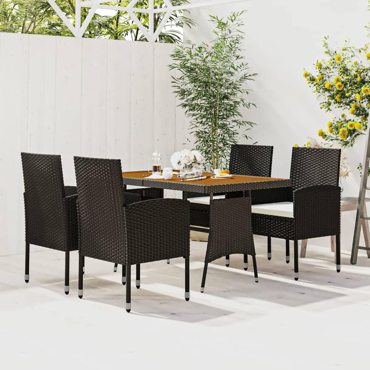 Eetkamerset, 5 stuks, voor buiten, van polyrotan, zwart, hout, tuintafel en tuinstoelen van rotan, set voor tafel en stoelen, rechthoekig, hout en 4 tuinstoelen