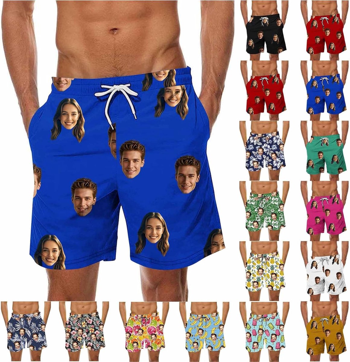 Generisch Badehose Personalisiert Herren - Badeshorts mit Gesicht Foto Bedrucken Lassen, Badehosen Lustig Männer Lustige Hawaii Swimming Shorts Lang Sommer Schwimmhose Schnelltrocknend