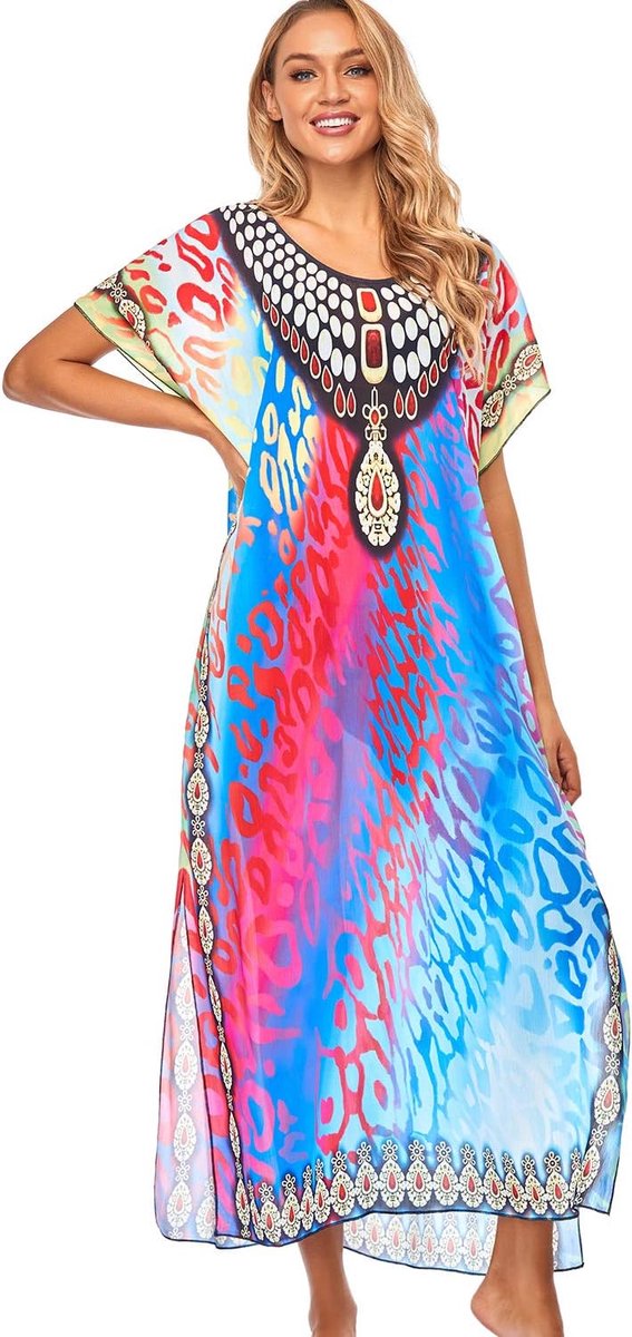 kaftan voor dames, kimono, oversized nachtkleding, bikini, strandjurk, cover-ups, sarong pareo, Rozenblauw, Eén maat